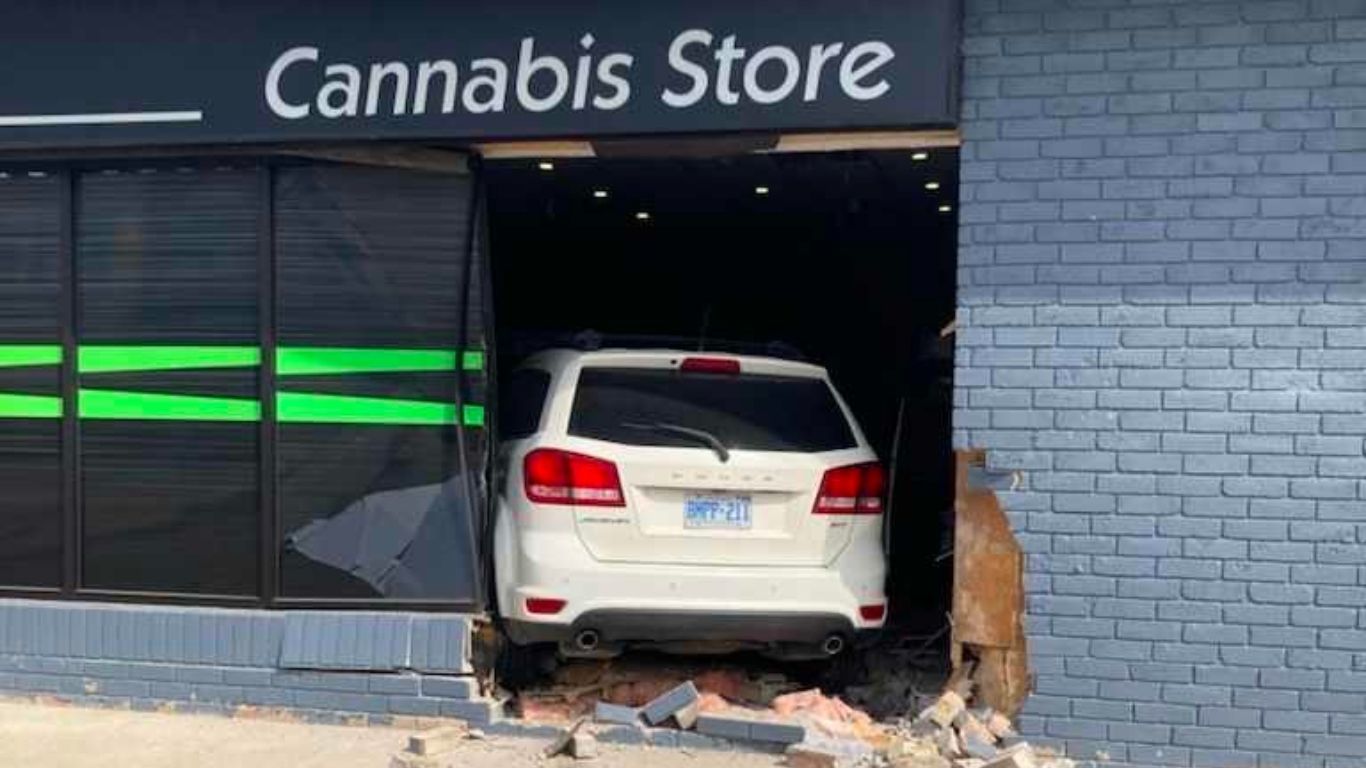 Oh no! “Kool-Aid man” style car crash into cannabis store in Ontario