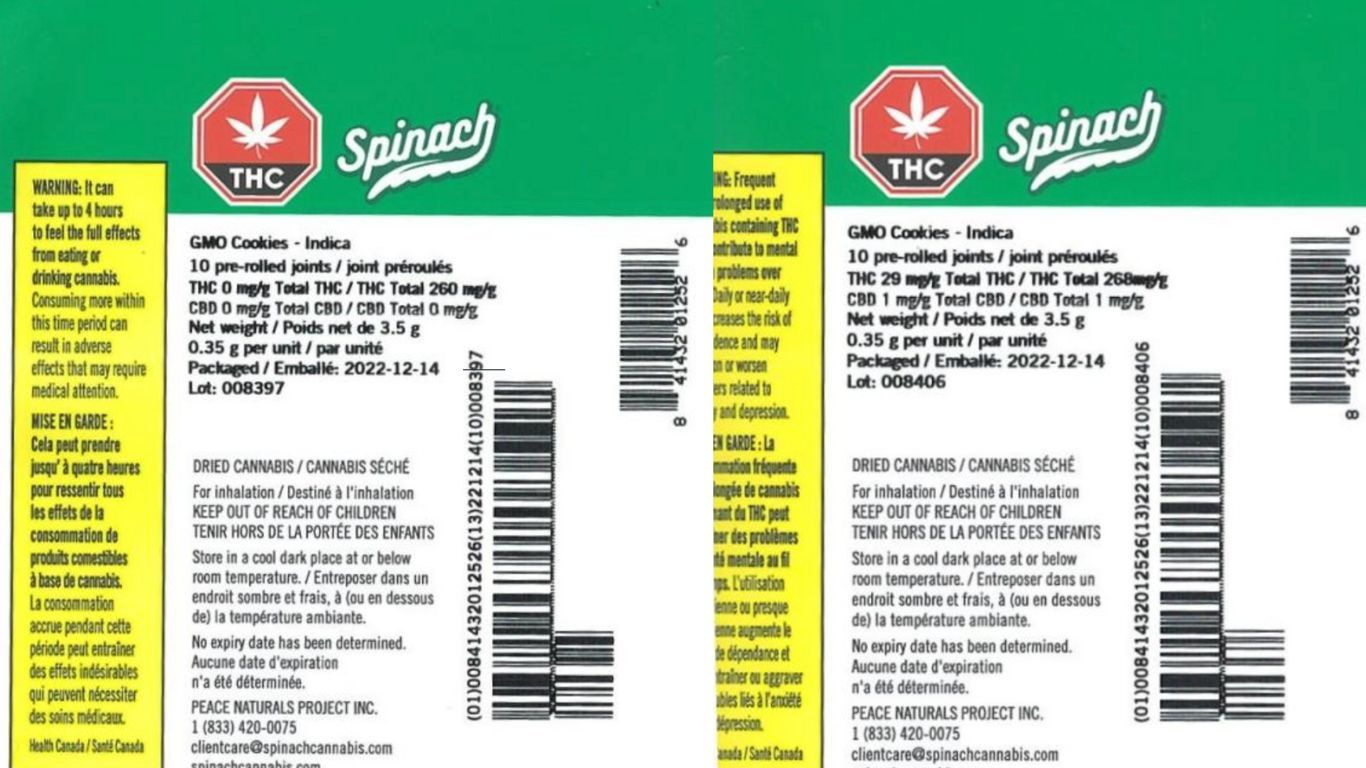 Peace Naturals recalls Spinach GMO Cookies pre-rolls from Ontario, Alberta due to inaccurate labels